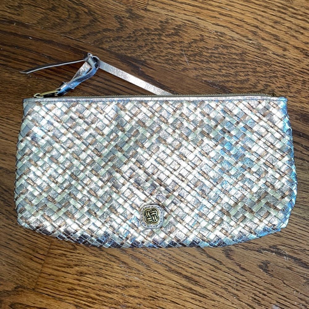 Elliott Lucca gold, silver & bronze woven clutch purse